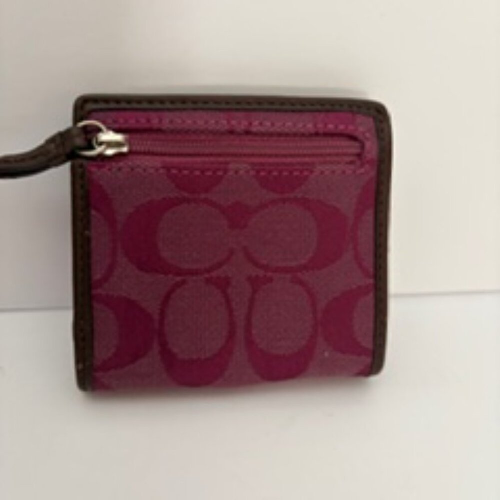 Coach Bifold Wallet in Signature Canvas in Purple/Magenta with Brown Trim - Picture 2 of 7